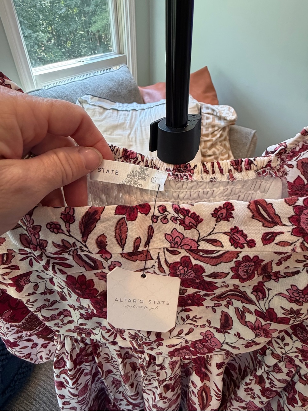Altar'd State Burgundy and Cream Floral Boho Long Sleeve Dress - Picture 2 of 2